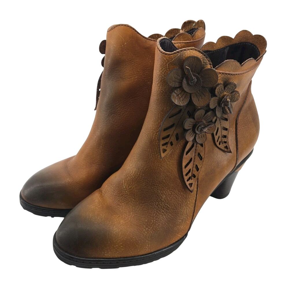 Metcandy Bloomcraft Floral Artisan Handmade Prairie Leather Ankle Boots Sz 6.5